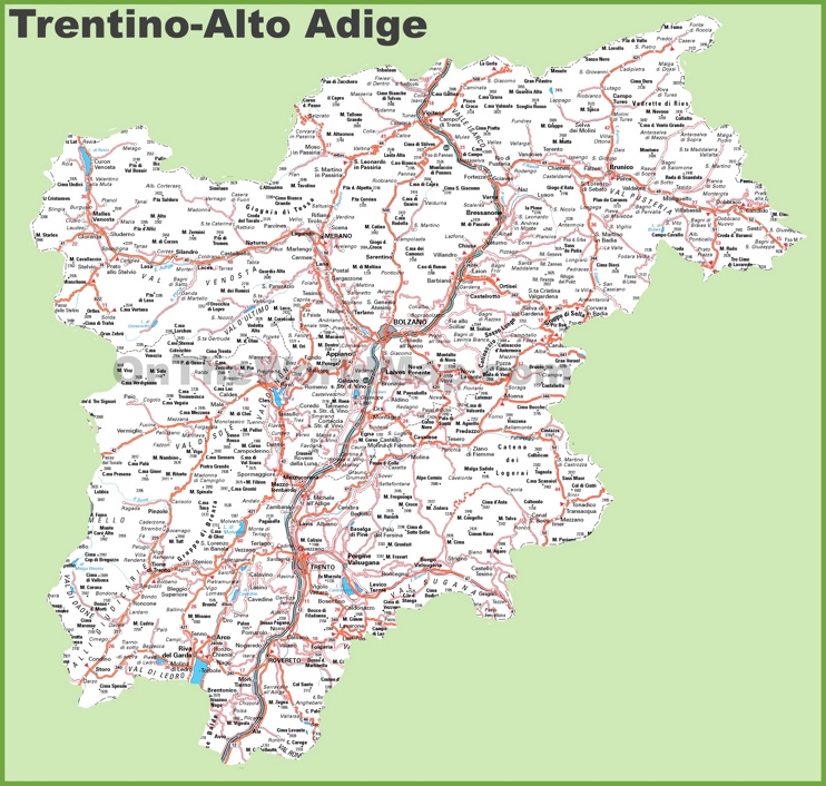 Large detailed map of Trentino-Alto Adige with cities and towns