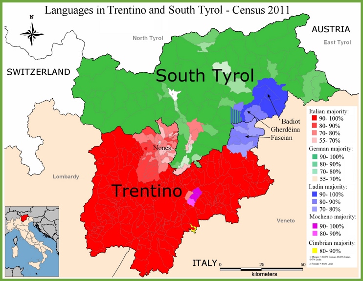 Map of languages in Trentino-Alto Adige