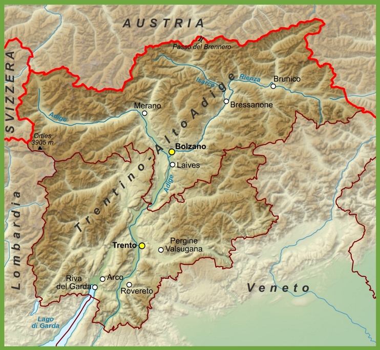 Trentino-Alto Adige physical map