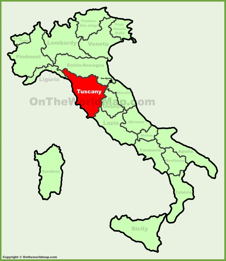 Tuscany location on the Italy map