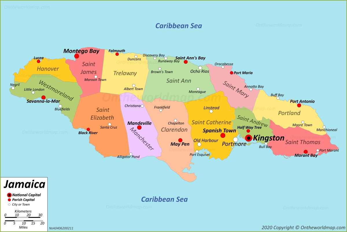 A4 Reprint of World Cities Towns Map Jamaica 