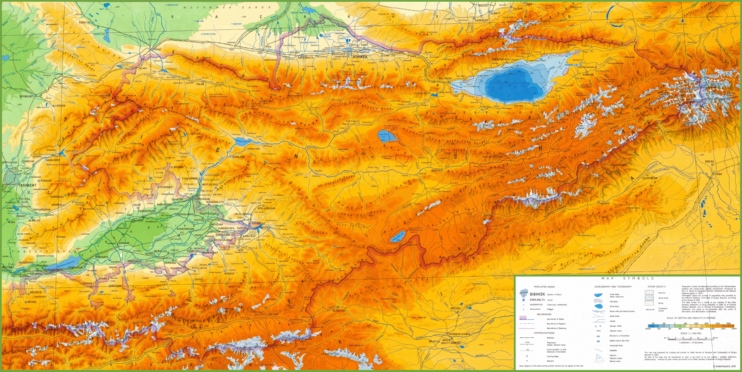 Large detailed physical map of Kyrgyzstan