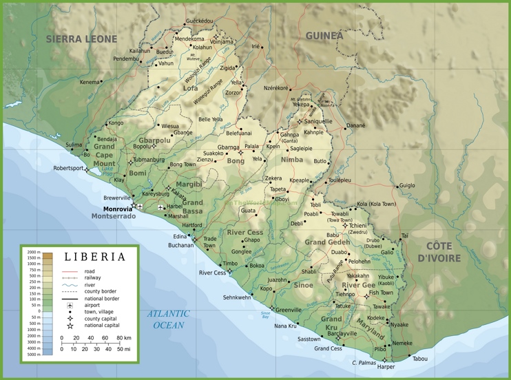Large physical map of Liberia