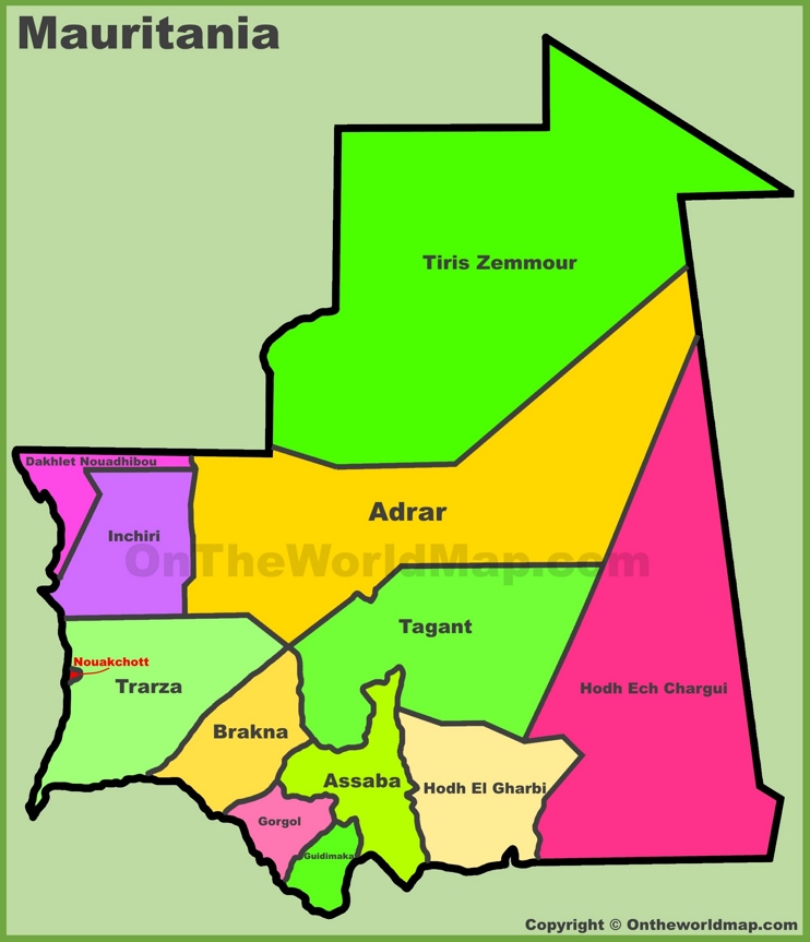 Administrative divisions map of Mauritania