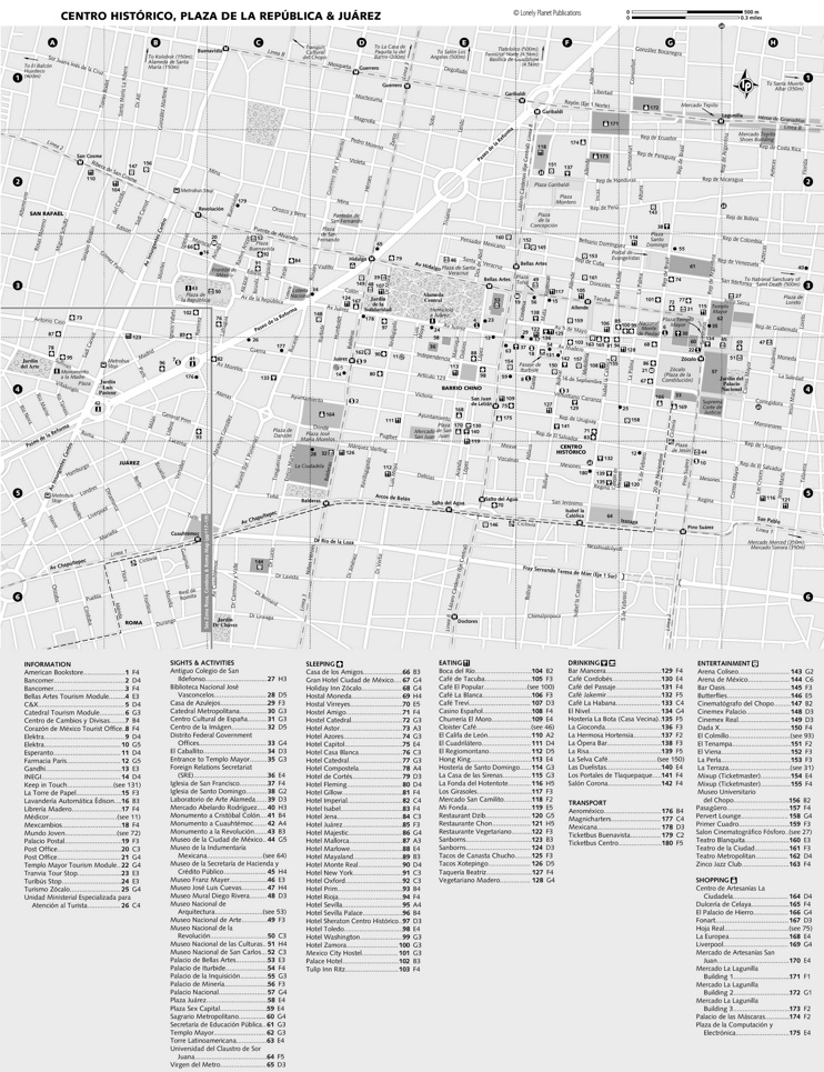 Mexico City historic center hotels and sightseeings map