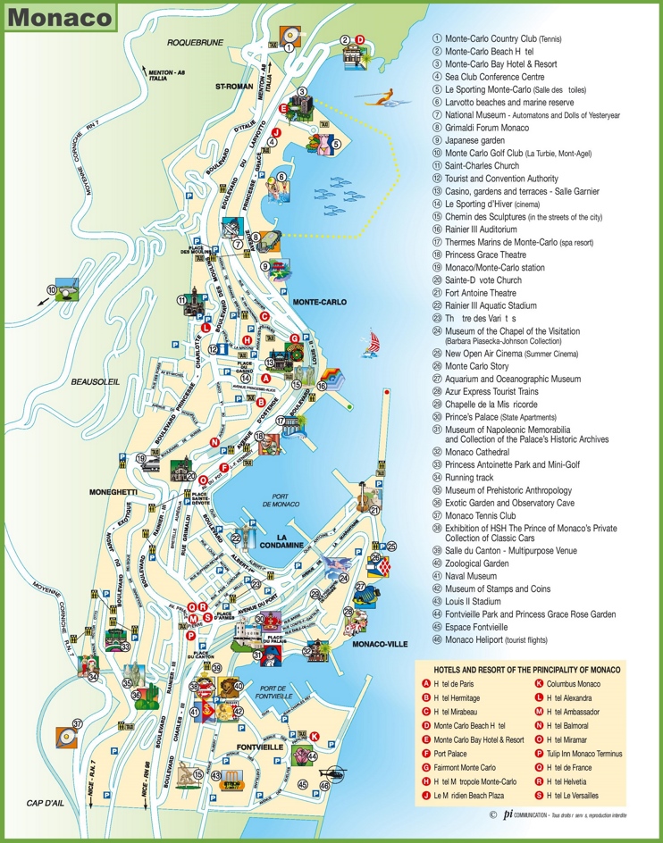 Travel map of Monaco with hotels and points of interest
