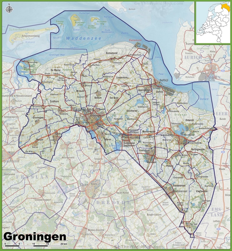 Map of Groningen province with cities and towns