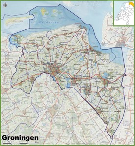 Map of Groningen province with cities and towns