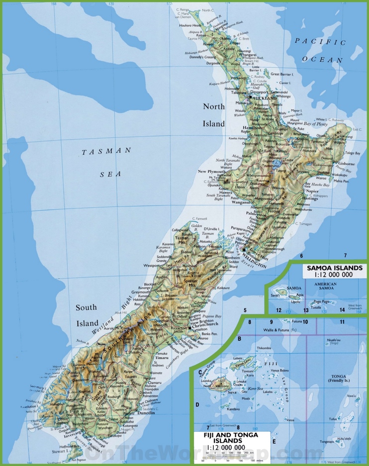 Map of New Zealand with cities and towns