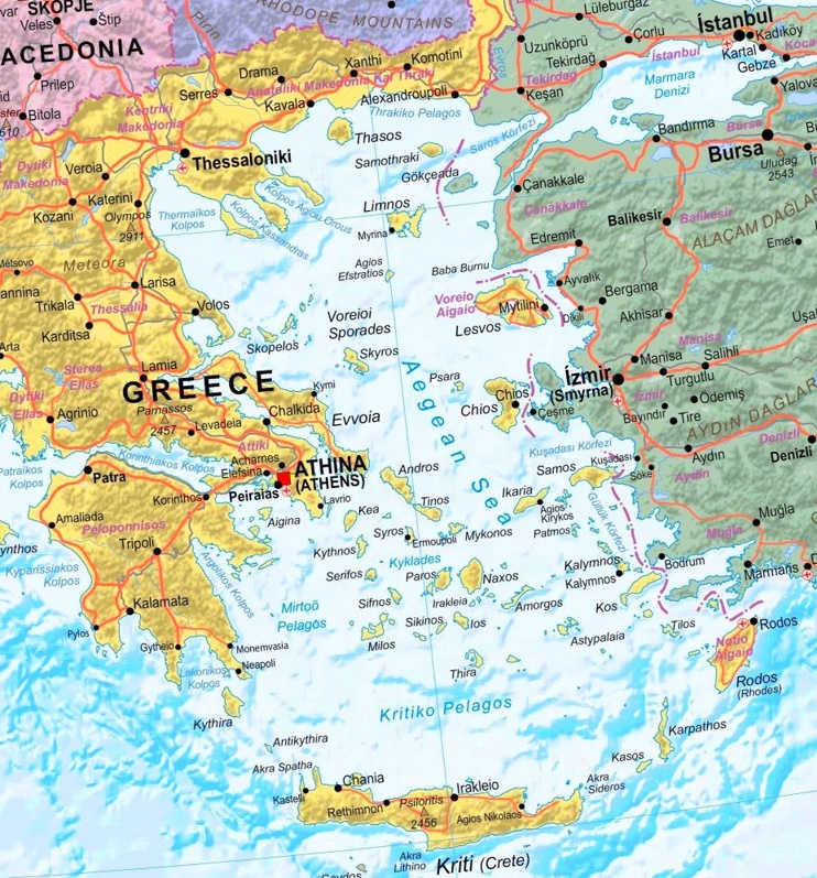 Map of Aegean Sea with cities