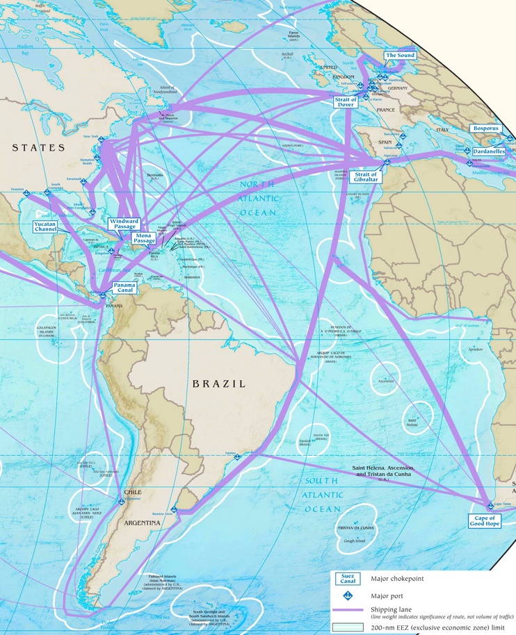 Atlantic Ocean major ports map