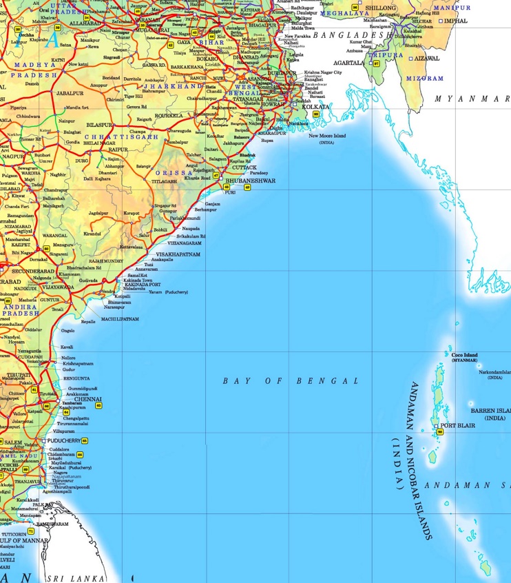 Large detailed map of Bay of Bengal with cities