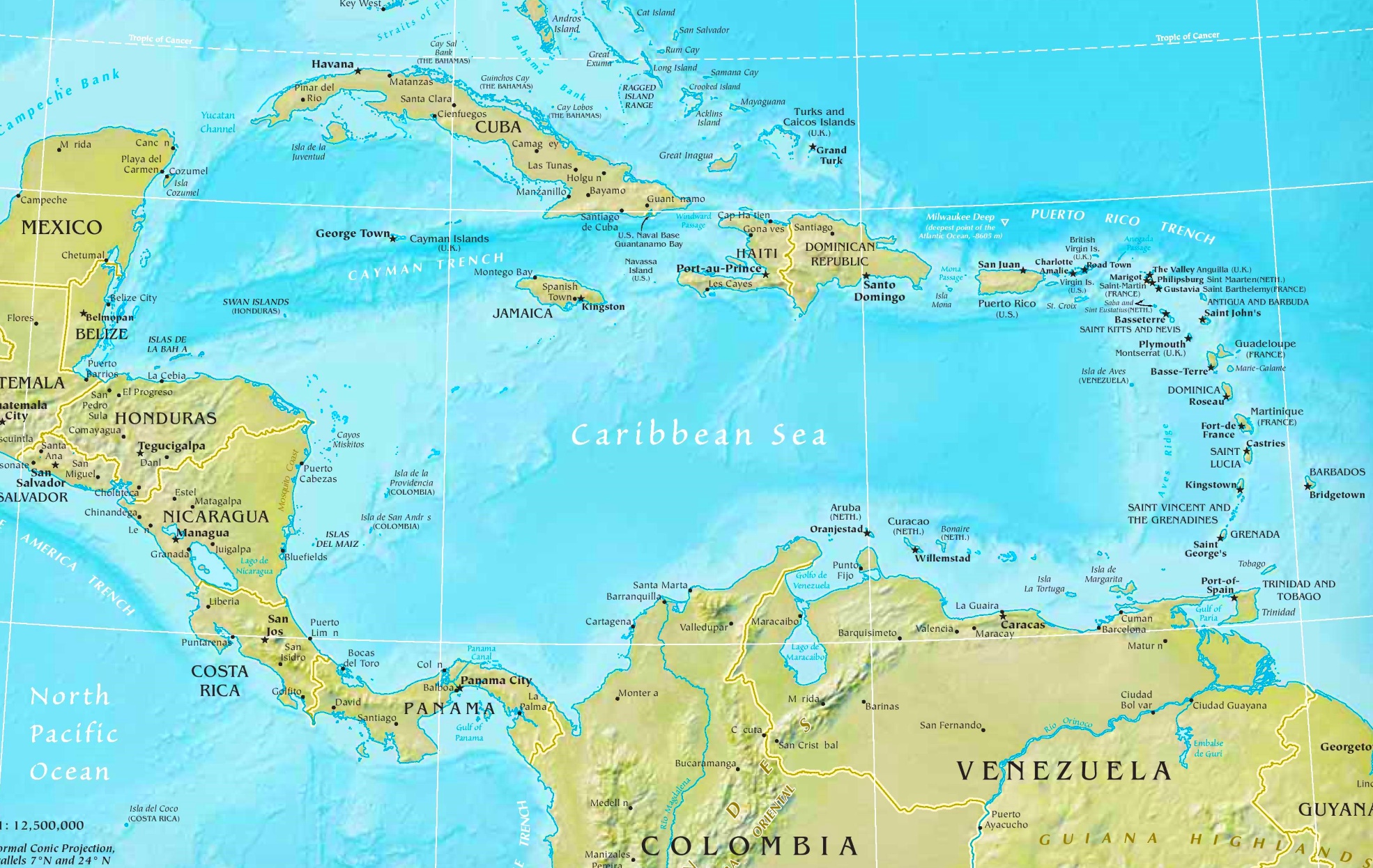 Caribbean Sea Physical Map 