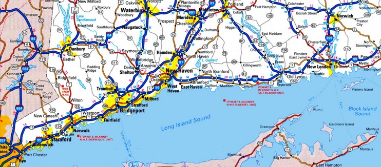 Map of Long Island Sound with cities and towns