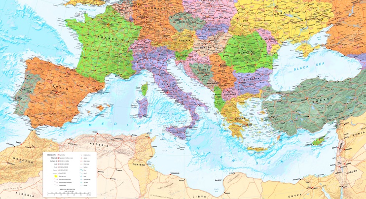 Large detailed map of Mediterranean Sea with cities