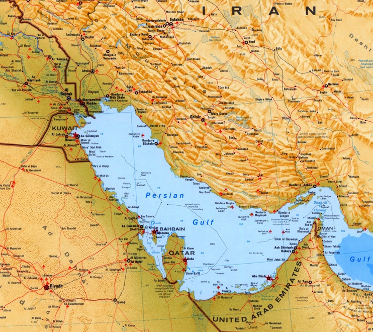 Large detailed map of Persian Gulf with cities and towns