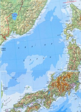Large detailed map of Sea of Japan with cities and towns