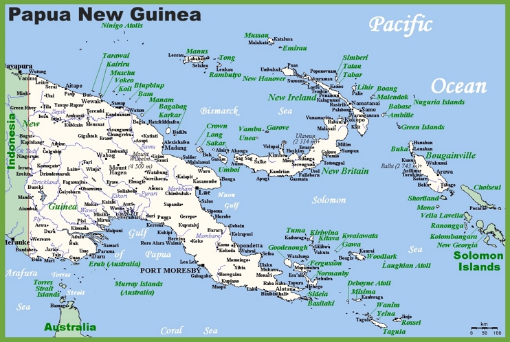 Map of Papua New Guinea with cities and towns