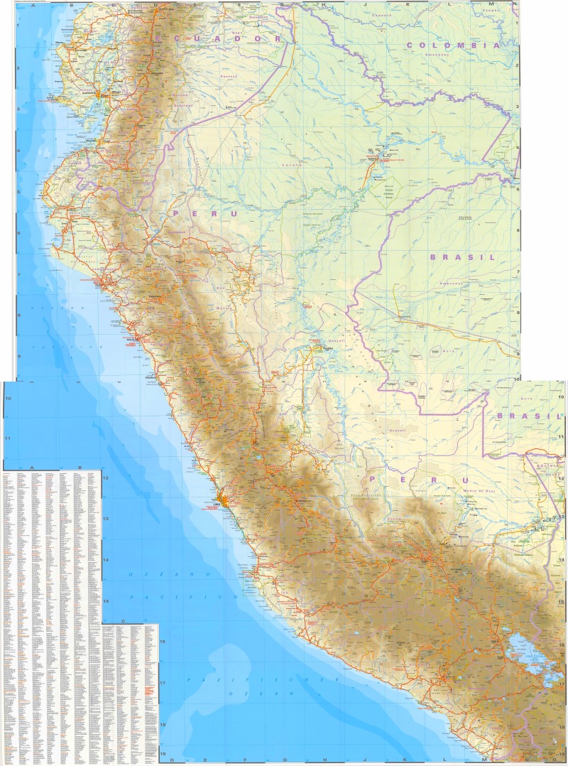 Large detailed map of Peru with cities and towns