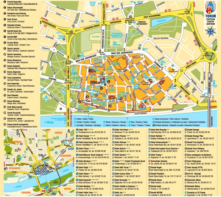 Toruń hotels and sightseeings map