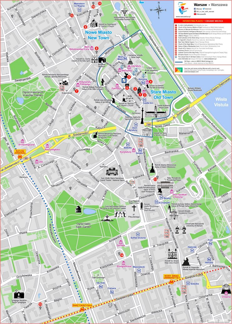 Warsaw city center tourist map