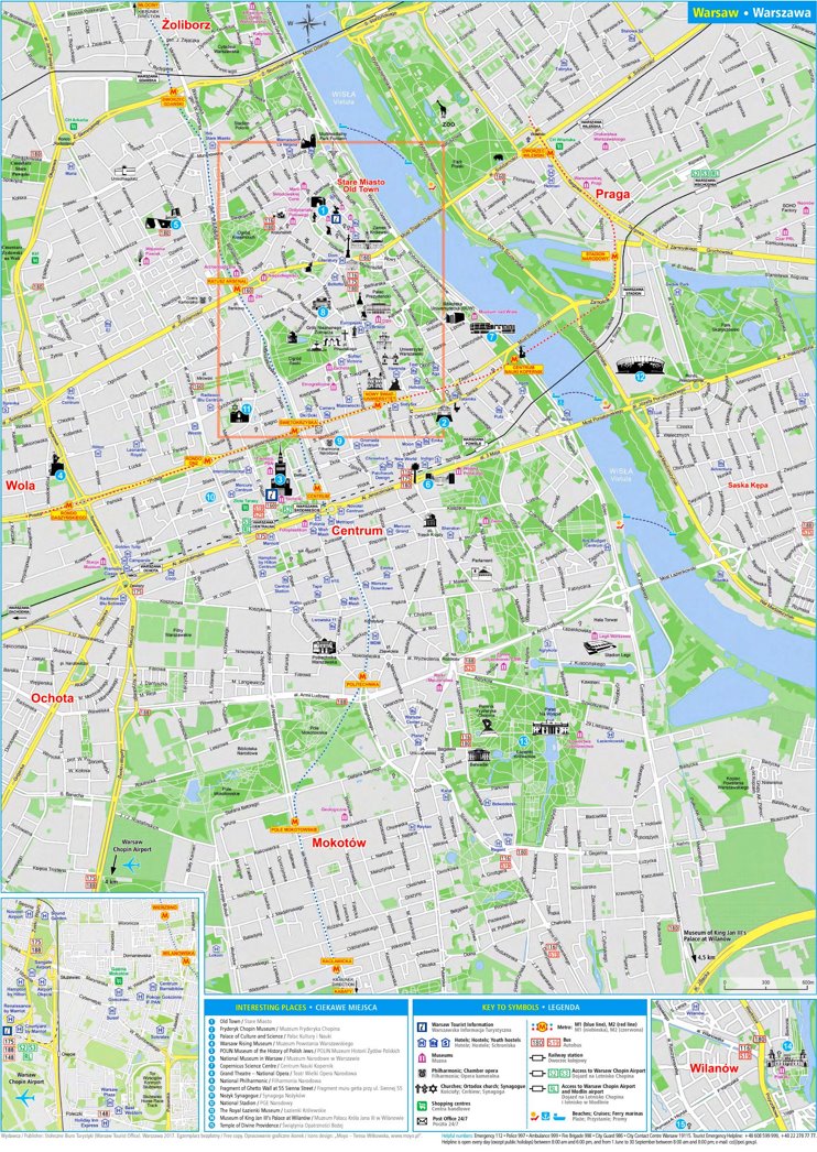 Warsaw hotels and sightseeings map