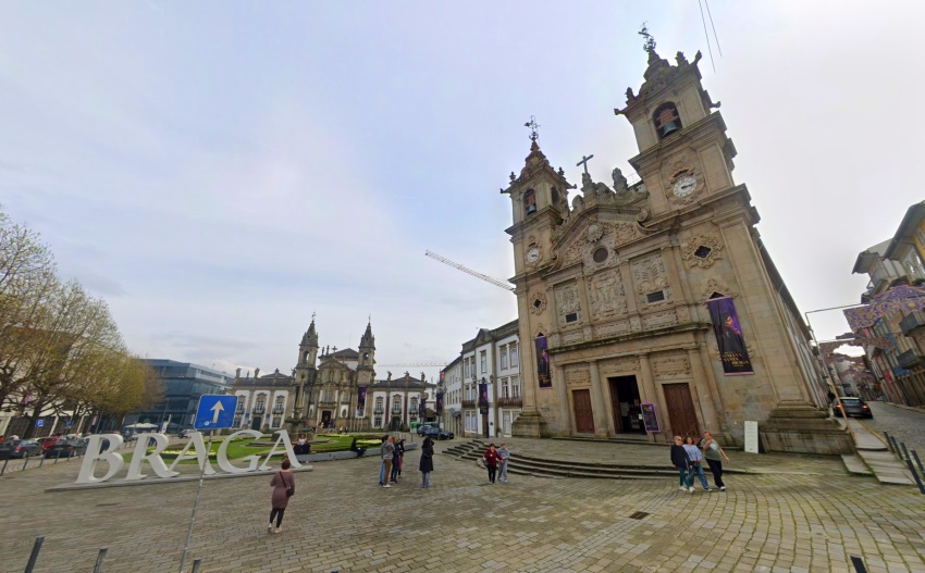 Braga City Sign and Holy Cross Church