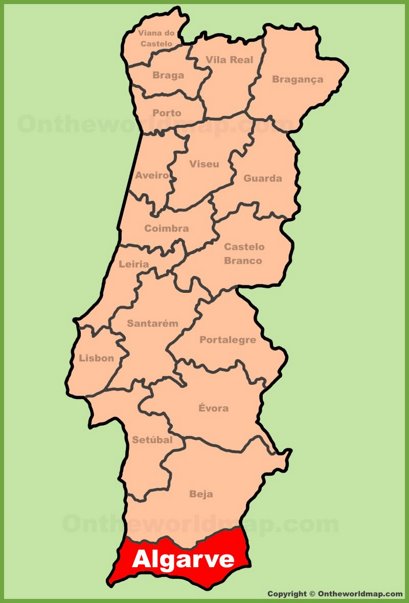 Map of the Algarve Region in Portugal