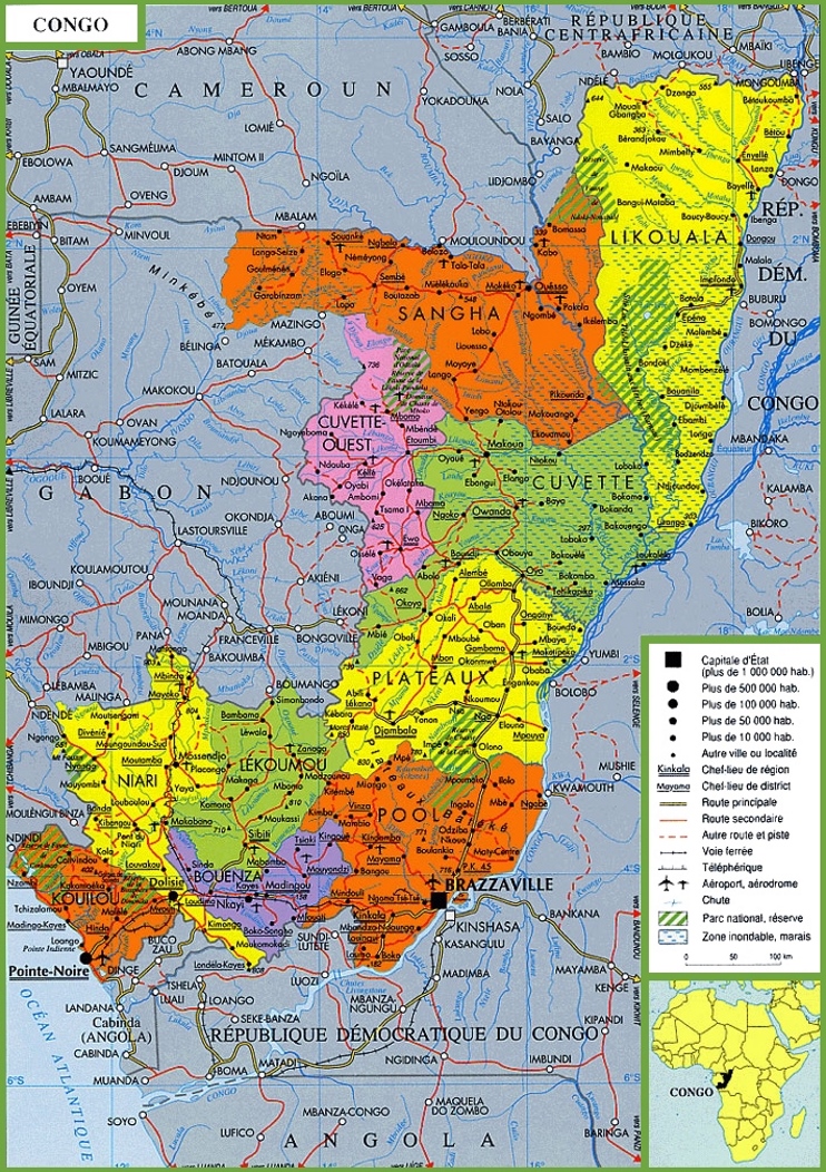 Map of Republic of the Congo with cities and towns