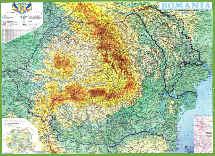 Large detailed physical map of Romania