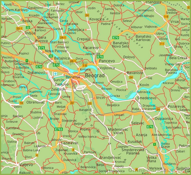 Road Map of Surroundings of Belgrade