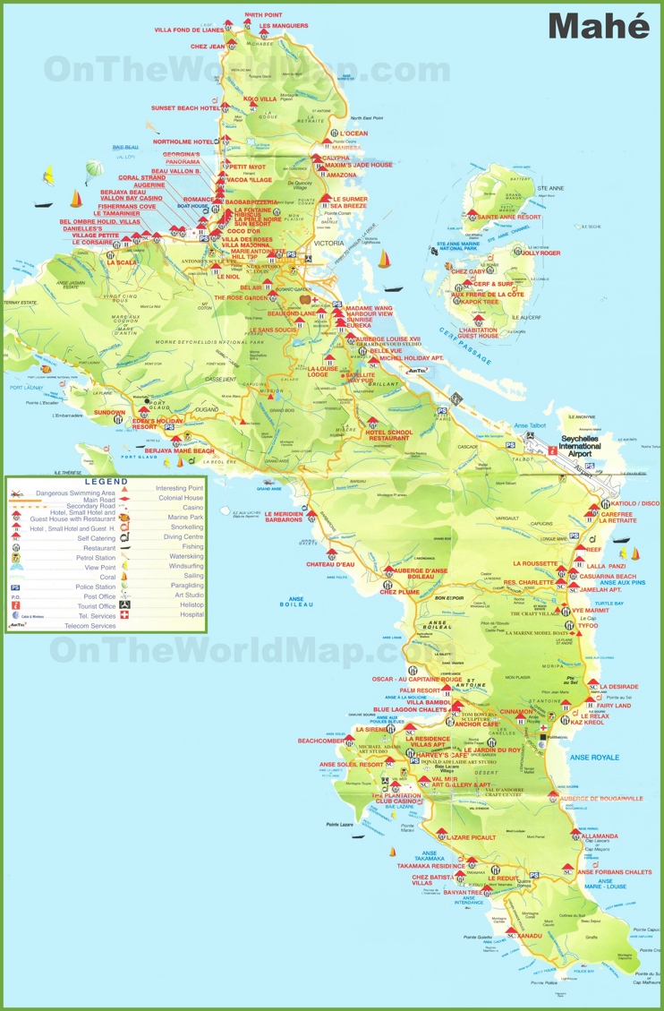 Large detailed tourist map of Mahe island