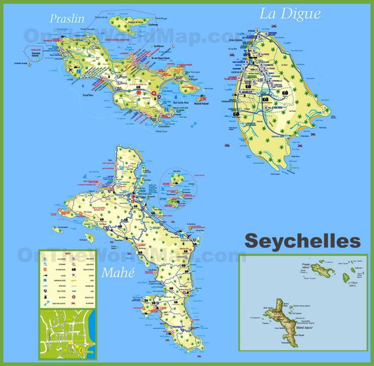 Large detailed tourist map of Seychelles with hotels