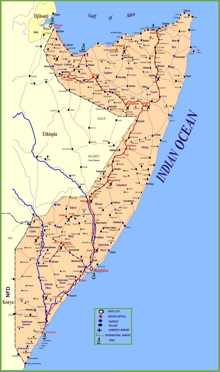 Large detailed map of Somalia with cities and towns