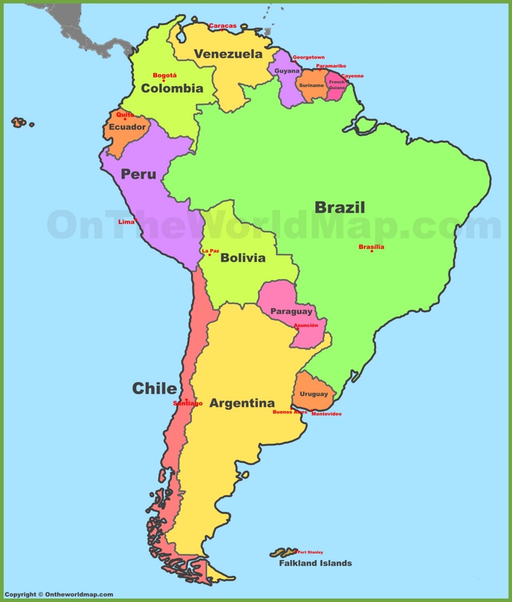 Map of South America with capitals