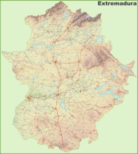 Large detailed map of Extremadura with cities and towns