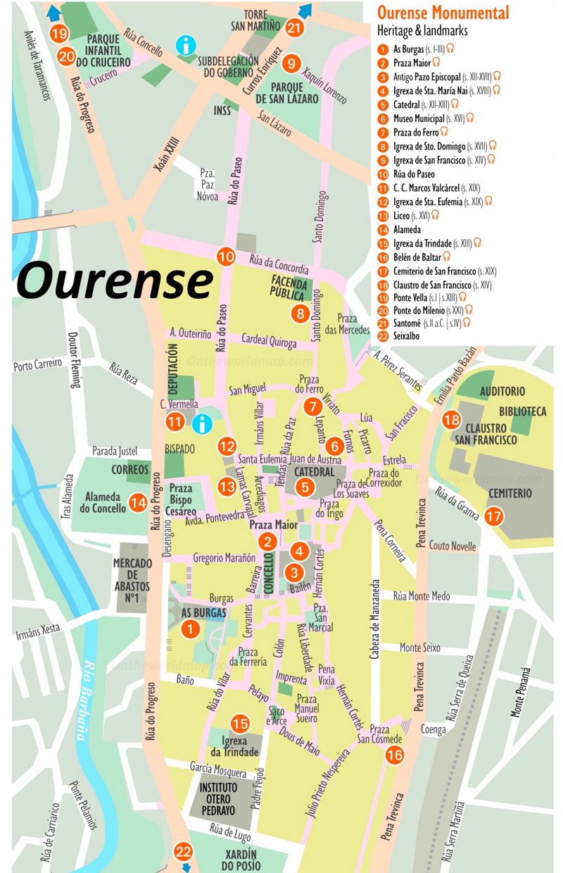 Mapa del casco antiguo de Ourense con atracciones