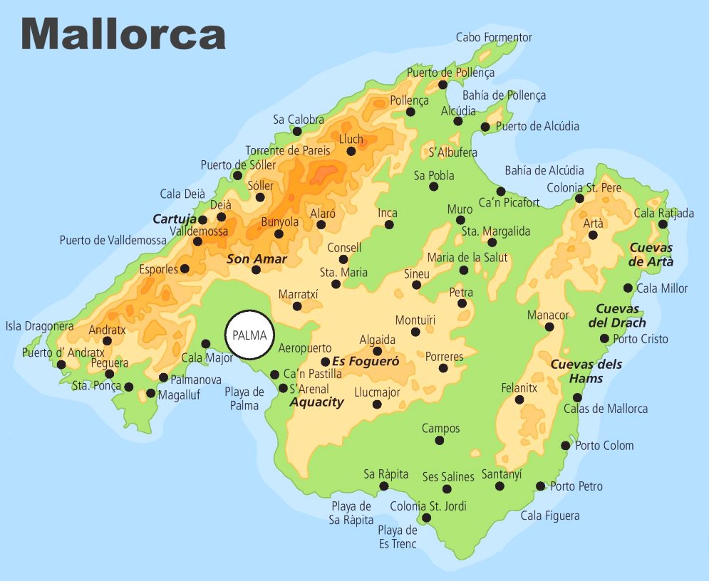 Map of Majorca with cities and towns