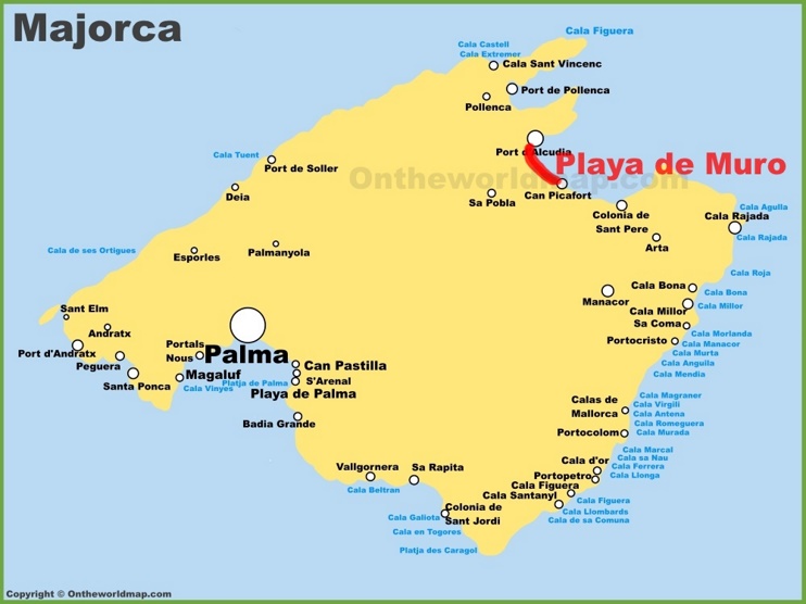 Playa de Muro en el mapa de Mallorca