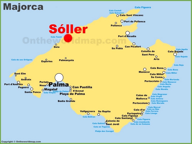 Sóller en el mapa de Mallorca