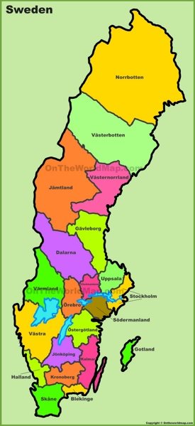 Administrative divisions map of Sweden