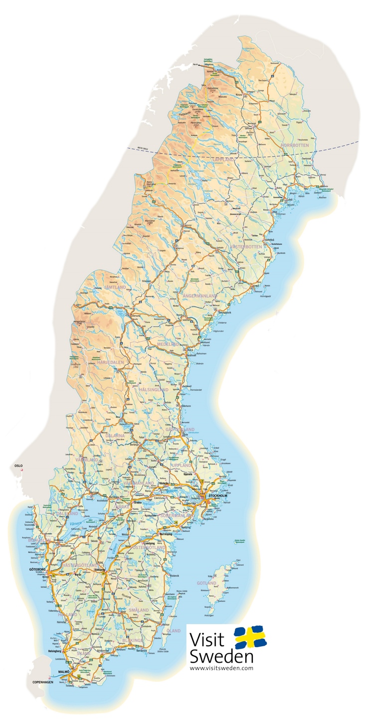 Large detailed map of Sweden with cities and towns
