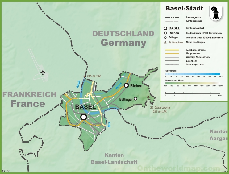 Canton of Basel-Stadt map with cities and towns