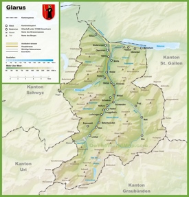 Canton of Glarus map with cities and towns