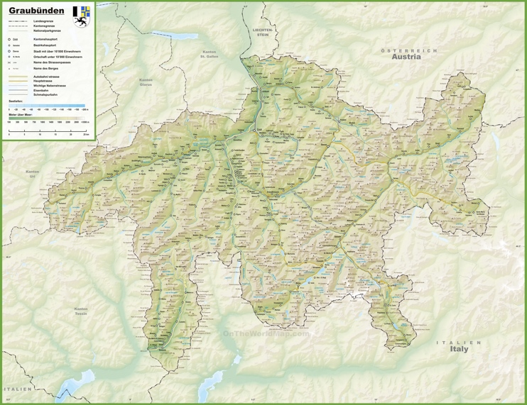 Canton of Graubünden map with cities and towns