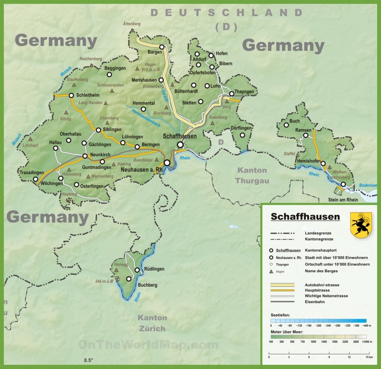 Canton of Schaffhausen map with cities and towns