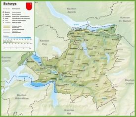Canton of Schwyz map with cities and towns