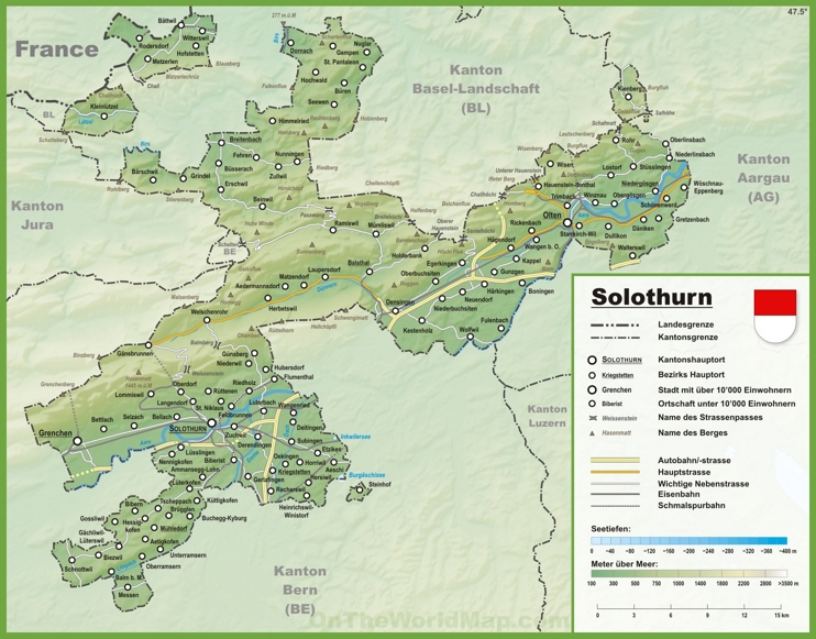 Canton of Solothurn map with cities and towns