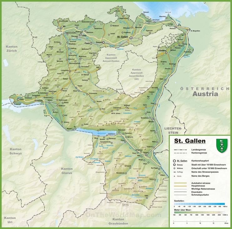 Canton of St. Gallen map with cities and towns