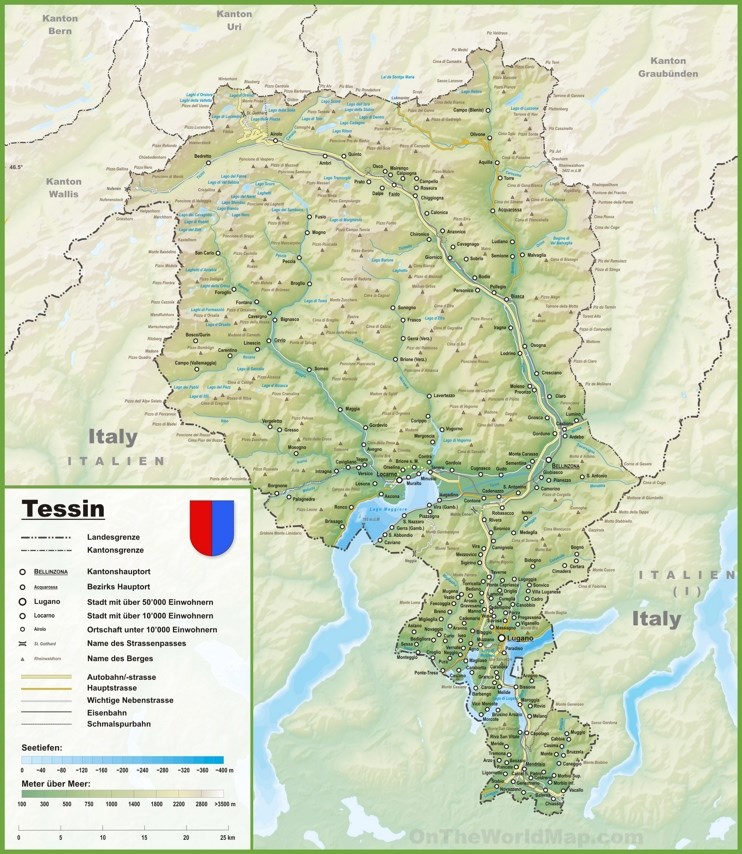 Map of Ticino with cities and towns